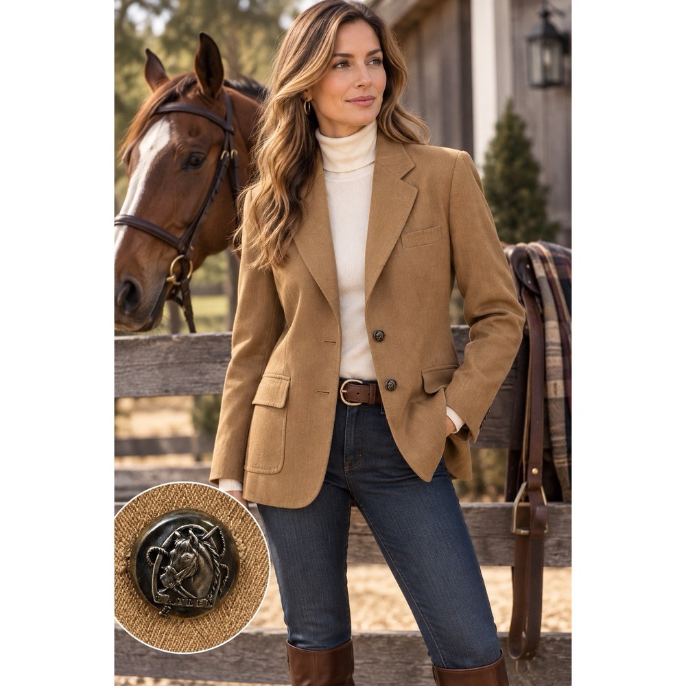 VTG Lauren Ralph Lauren Camel Tan Wool Bl Blazer Jacket Horse Head Buttons 10P